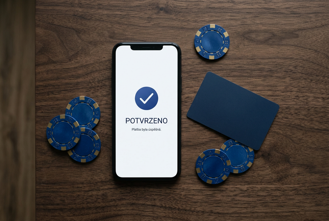 Detailní pohled na chytrý telefon zobrazující potvrzení digitální platby vedle kasinových žetonů